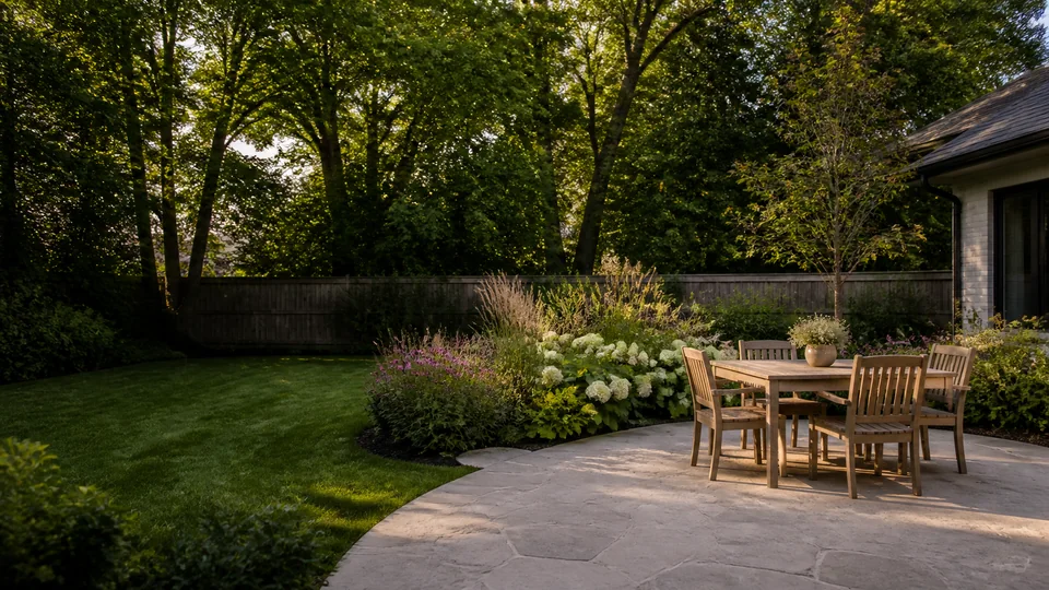 Landscape design concept with a stone dining patio and a lush backyard